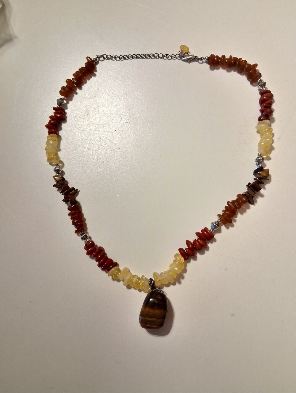 Handcrafted Brown and Cream Beaded Necklace with Tiger Eye Pendant